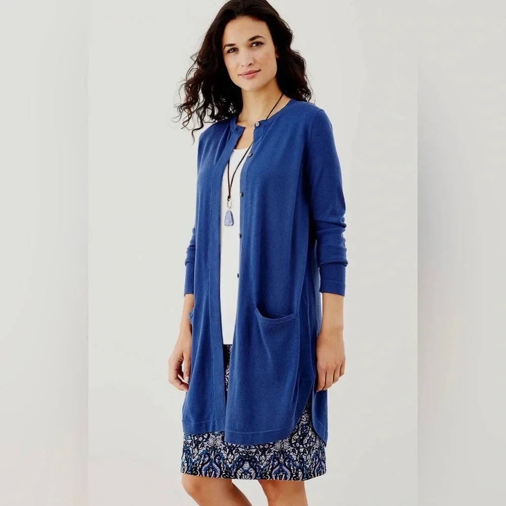 J. Jill Tribeca Wool Blend Long Button Down Cardigan Sweater Marine Blue Size L